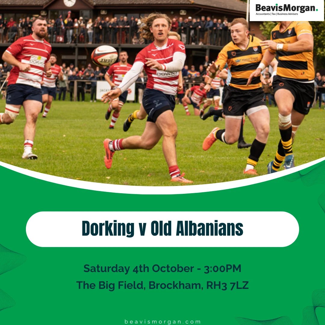 Dorking RFC are back in action tomorrow as they take on Old Albanians.

3pm kick-off at The Big Field.

Best of luck to the team. Let's bring the noise and make it another big result!

#BeavisMorgan #ProudSponsor #DorkingRFC #Matchday #UpTheDorks