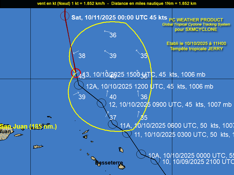 A 11 heures la tempête JERRY est située à 225 km au nord des îles du nord.
Vigilance île du Nord: ORANGE, Guadeloupe: ROUGE