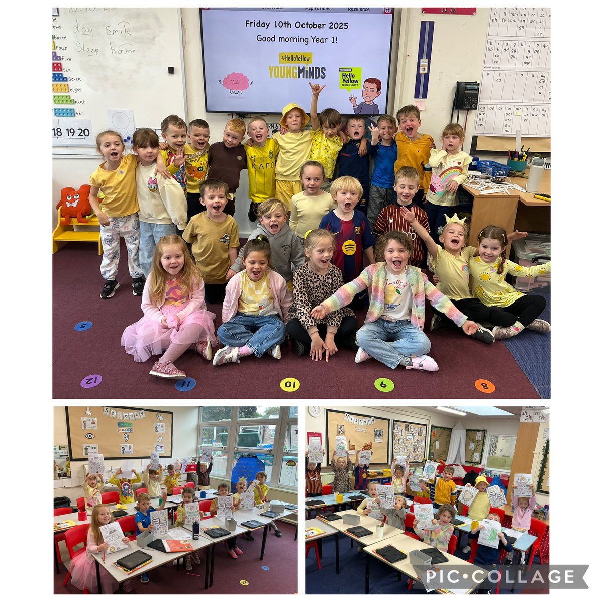 Year 1 brought a little sunshine into the classroom today by wearing yellow for World Mental Health Day,  raising  money  for   <a href="/YoungMindsUK/">YoungMinds</a> charity ☀️ #HelloYellow #MentalHealthAwareness