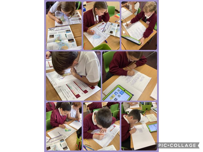 Collage of nine photos shows children aged around 10-11 in red school uniforms sitting at wooden desks in a classroom, engaged in drawing and writing on large paper sheets depicting maps of South America with labels for countries like Brazil, biomes, and climates; some use tablets for research, others annotate printed maps with colored pencils; background includes bookshelves and educational posters; PIC-COLLAGE watermark visible on the bottom right.