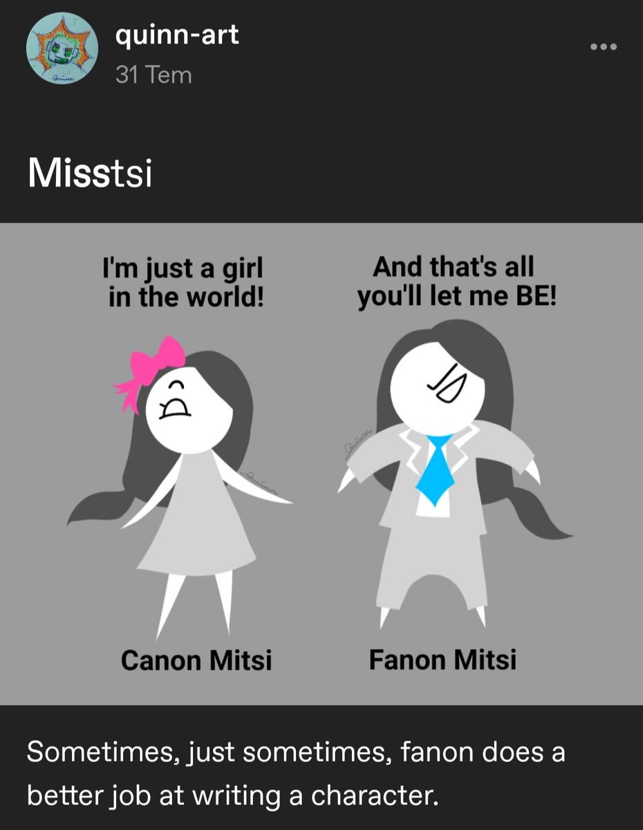 _quinn_art's tweet image. Not this one specifically but a bunch of my posts saying how Alan and his team minimised Mitsi&apos;s character to &quot;nice silly little GIRL&quot; and &quot;dead WIFE&quot; on Tumblr community started a civil war that split us into different groups: (1/3)