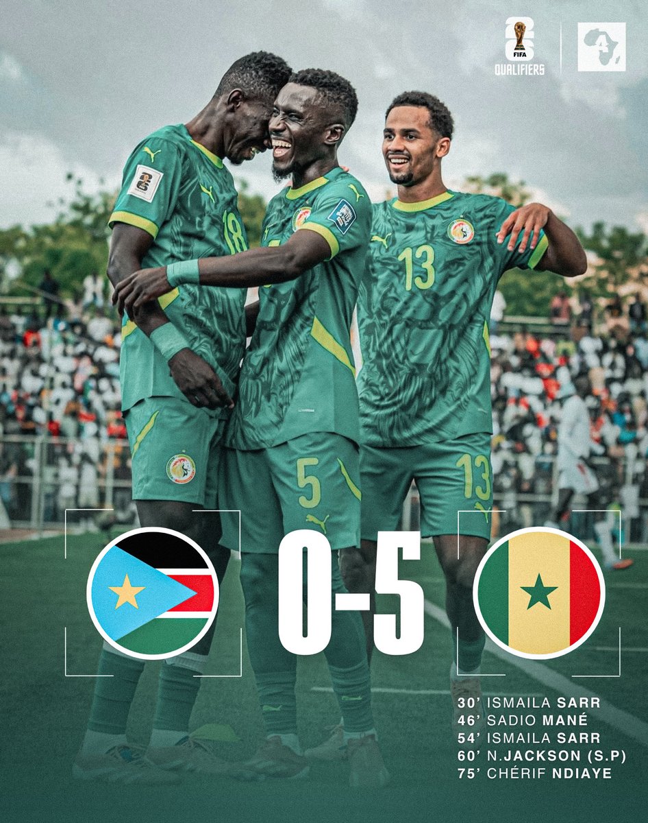 ActuFootAfrique's tweet photo. 🚨 Le Sénégal 🇸🇳 𝘾𝙇𝘼𝙌𝙐𝙀 le Soudan du Sud 🇸🇸 (0-5) : la Coupe du Monde ? 𝙏𝙄𝘾 𝙏𝘼𝘾. 🌍⏳ https://t.co/i2NzeaI0Bj