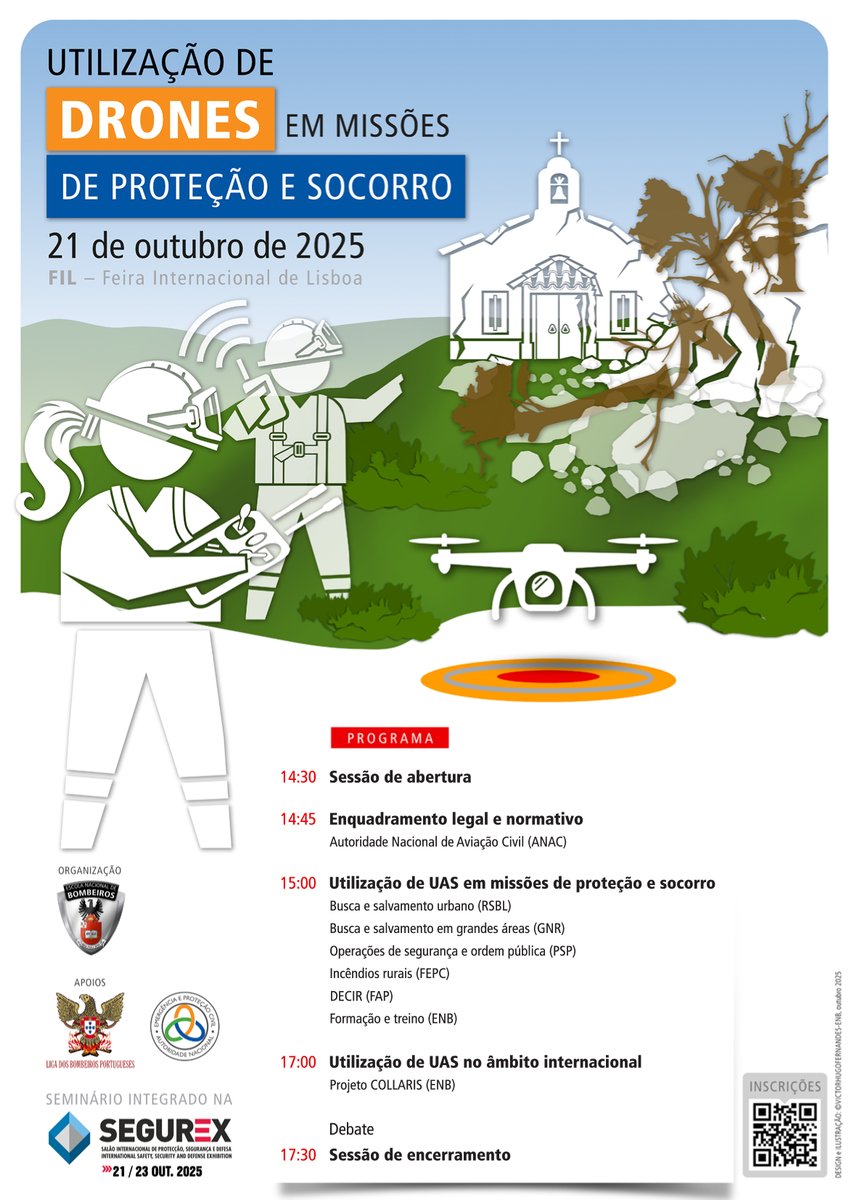 SEMINÁRIO || "Utilização de Drones em Missões de Proteção e Socorro" é o tema do seminário que a #ENBombeiros organiza no próximo dia 21 de outubro, das 14h30 às 17h30, na FIL – Feira Internacional de Lisboa. Faça aqui a sua inscrição no seminário: bit.ly/46zOoLh