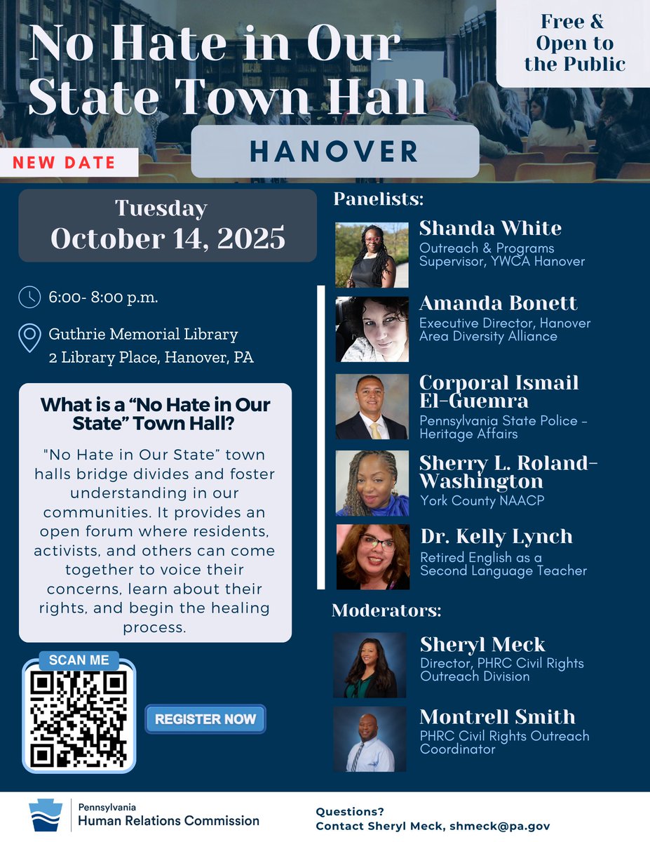 PA_HumRelComm's tweet image. 📢 HAPPENING TOMORROW: No Hate in Our State Town Hall in Hanover!
📍Guthrie Memorial Library, Hanover, PA
🗓 Tuesday, October 14, 2025
⏰ 6:00–8:00 p.m.
Register to let us know you'll be there! forms.office.com/g/fyGgmqk3Xz

#NoHateInOurState #PHRC #HanoverPA #CivilRights