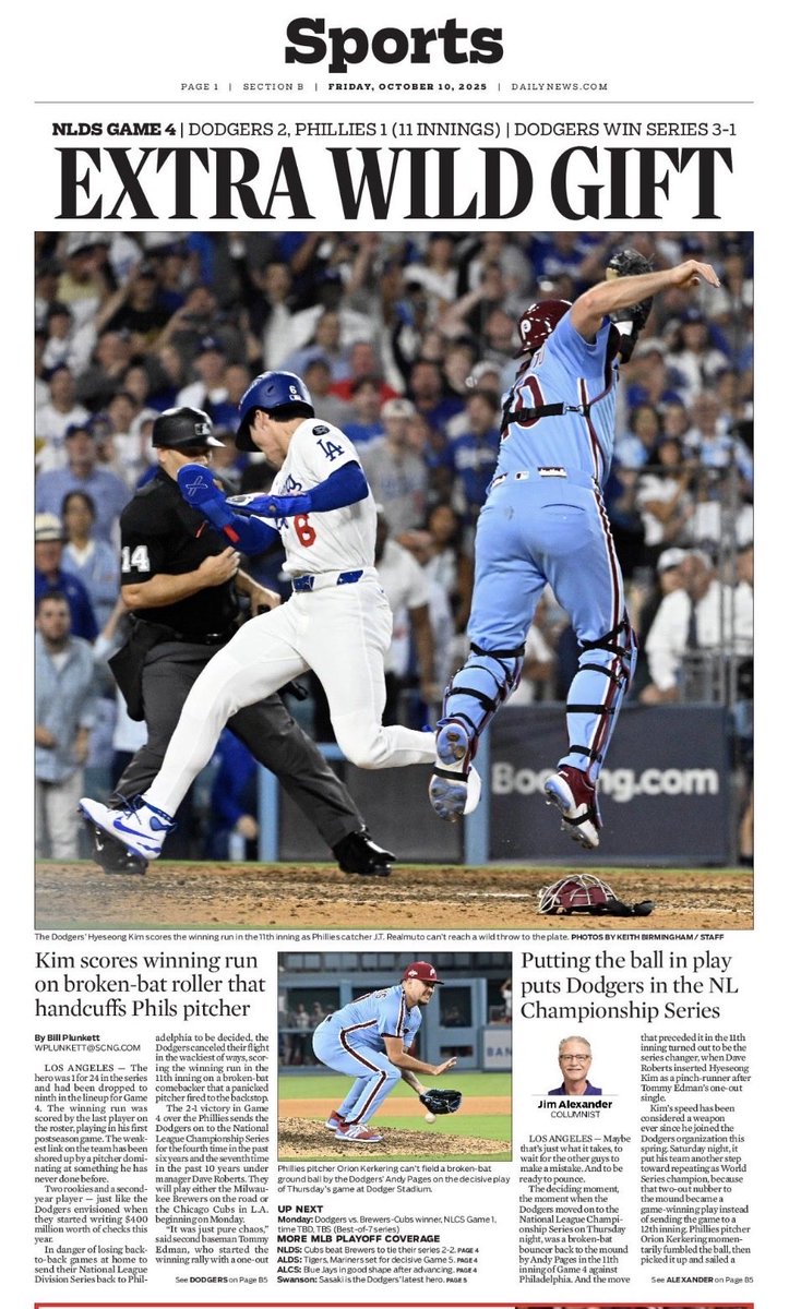 LaInaMinute's tweet image. Today’s L.A. sports pages after the Dodgers advanced to the NLCS last night.