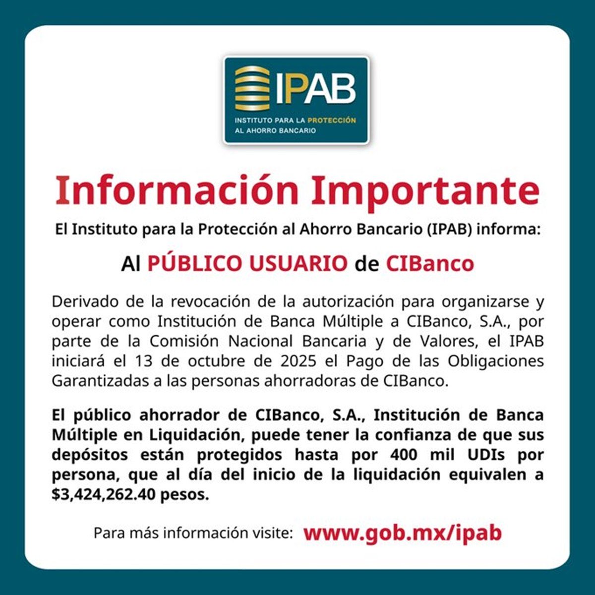 🔴 ÚLTIMA HORA : La <a href="/cnbvmx/">CNBV</a> informa la LIQUIDACIÓN de <a href="/cibanco/">CIBanco</a> el <a href="/IPAB_mx/">IPAB_mx</a> deberá de pagar el seguro de depósito de 400 mil UDIS por cuenta (depósito) (3.4 millones) . Si tienes más deberán de esperarse . Quien requiera orientación envíe DM.