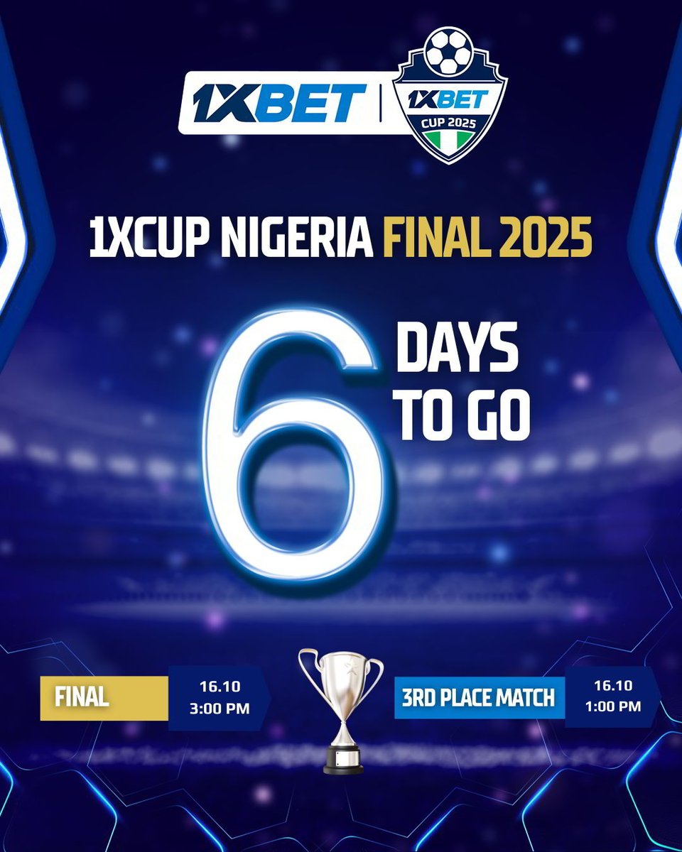 🚨The countdown is ON! Just 6 days before we find out who lifts the 1xCup 2025 trophy.
Get ready for non-stop energy, football magic, and unforgettable fan moments. 🤯

🎟️ Entry is FREE
🎤 Big names. Big prizes. Big vibes.
⚽ Your Cup. Your Community.

📍 MJ Arena | October 16