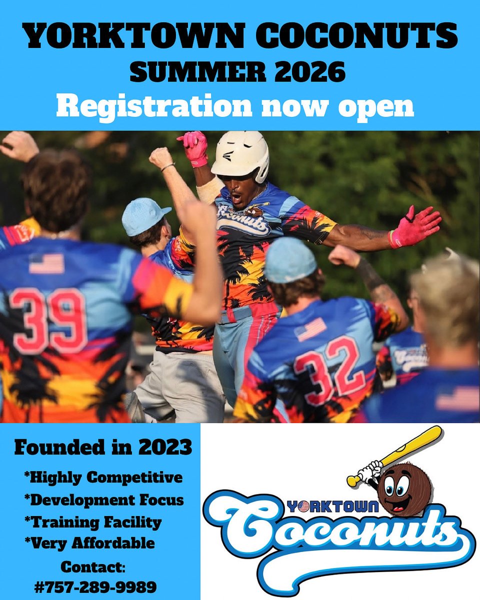 Looking for players now for summer 2026!! We have players from <a href="/DavidsonBASE/">Davidson Baseball</a> <a href="/CNU_Baseball/">CNU Baseball</a> <a href="/EMUbaseball1/">EMU Diamond Royals</a> <a href="/BwaterBaseball/">Bridgewater Baseball</a> <a href="/LynchburgBaseBl/">Lynchburg Baseball</a> <a href="/SpartanBSB/">Norfolk State Baseball</a> <a href="/ChowanBaseball/">Chowan Baseball</a> <a href="/RoanokeBaseball/">Roanoke College Baseball</a> <a href="/RMCJackets/">R-MC Baseball</a> <a href="/FerrumBsbll/">Ferrum College Baseball</a> <a href="/VWU_BSB/">VWU Marlins Baseball</a> and many more! 
<a href="/Coconuts757/">Yorktown Coconuts</a> <a href="/CoconutBaseball/">Coconuts Baseball</a> <a href="/CoconutsSportsC/">CoconutsSportsCenter</a>