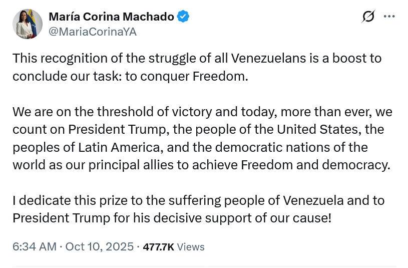 lilo623's tweet image. &quot;I dedicate this prize to the suffering people of Venezuela and to President Trump for his decisive support of our cause!&quot; @MariaCorinaYA 

#Congratulations #Felicidades