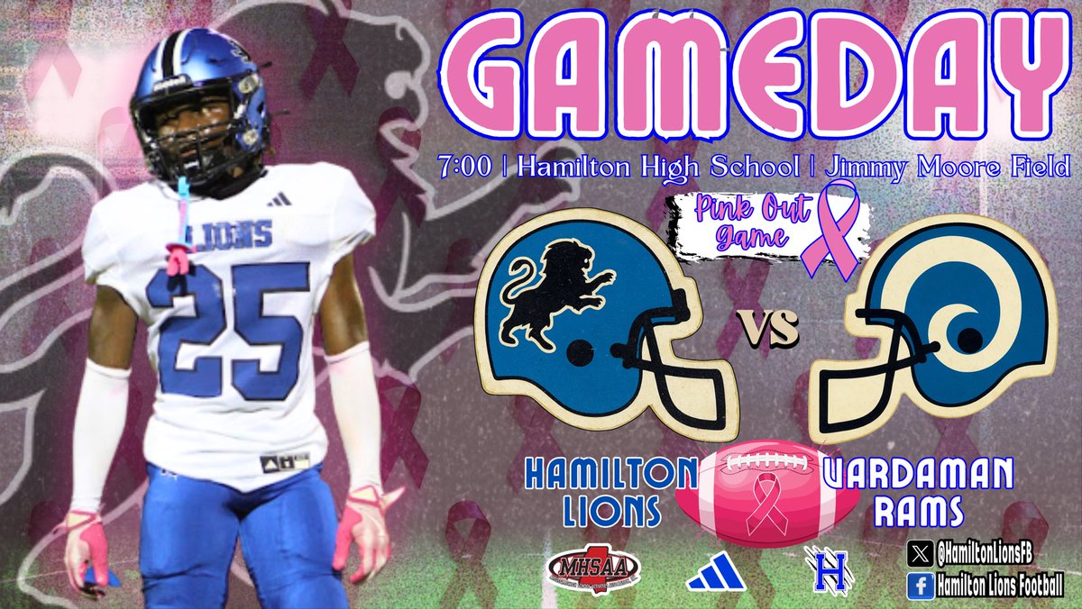 🏈 GAMEDAY
🎀 Pink Out Game
🆚 Vardaman Rams
🕖 7:00
📍 Hamilton High School
🏟️ Jimmy Moore Field
🌖 Clear | 69°
🎽 🔵🔵⚪️
🎧 hamilton-lions-athletics.mixlr.com