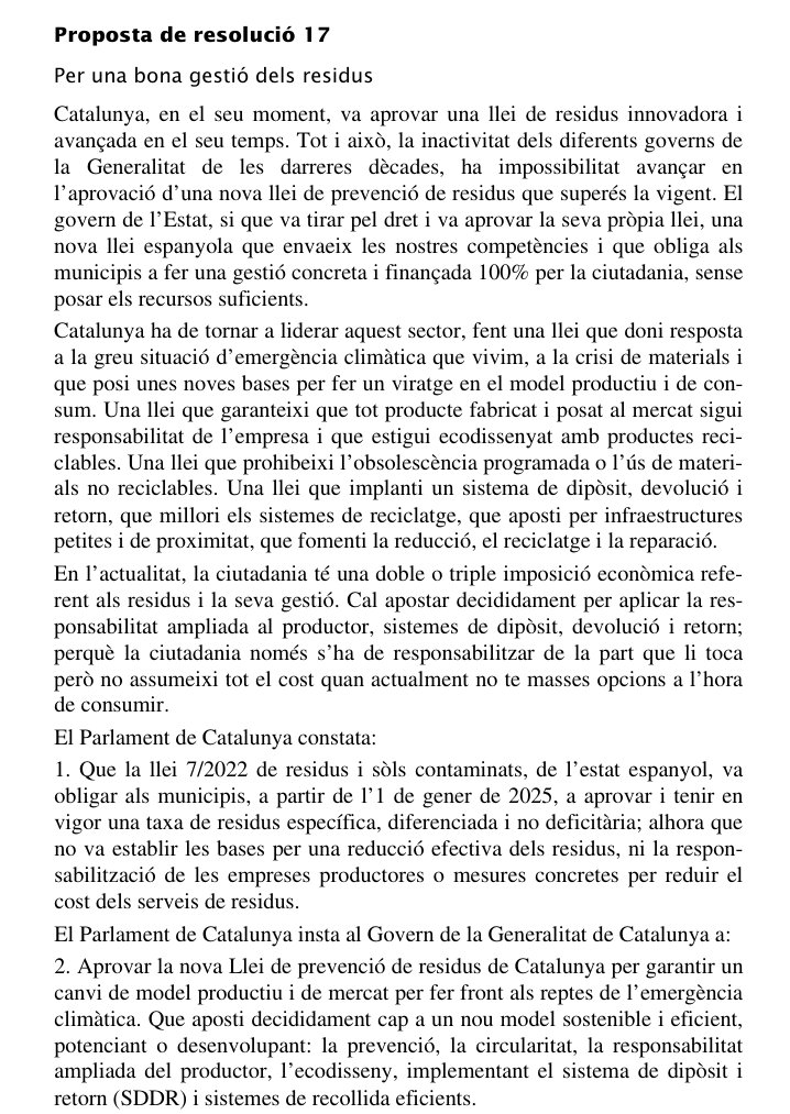 🚮 A proposta de la CUP, el Parlament constata les mancances de la llei de residus espanyola per reduir els residus, i insta el Govern a aprovar una nova llei de residus catalana, que aposti decididament cap a un nou model sostenible i eficient. #DebatPolíticaGeneral