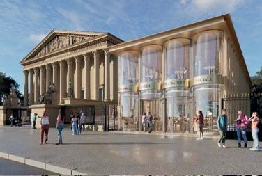 First image shows the classical stone facade of the Assemblee Nationale building in Paris with columns, statues, French flag, fence, and several people standing near the entrance on a sunny day. Second image depicts a modern glass extension attached to the same building, featuring transparent cylindrical structures, people walking around, trees, and a fence in a similar outdoor setting.