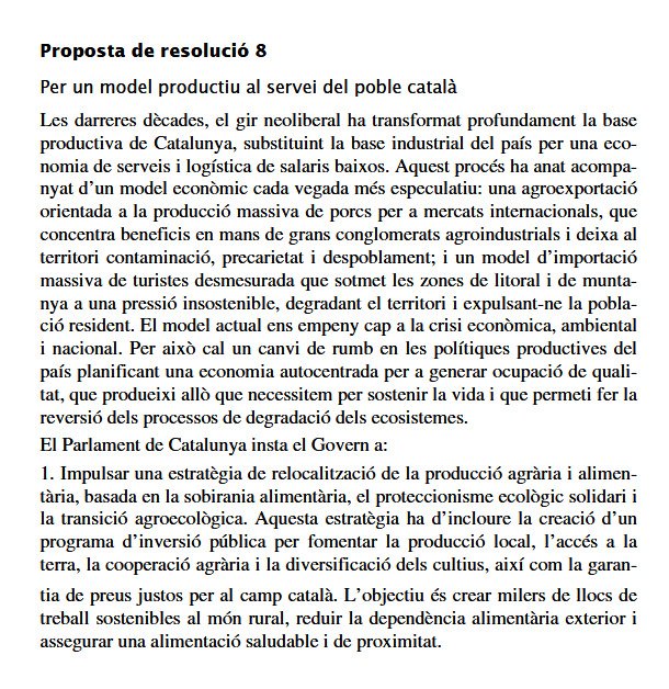 ➡️El Parlament aprova, al #DebatPolíticaGeneral, la proposta de la CUP per relocalitzar la producció agrària i alimentària, basada en la sobirania alimentària, el proteccionisme ecològic solidari i la transició agroecològica.