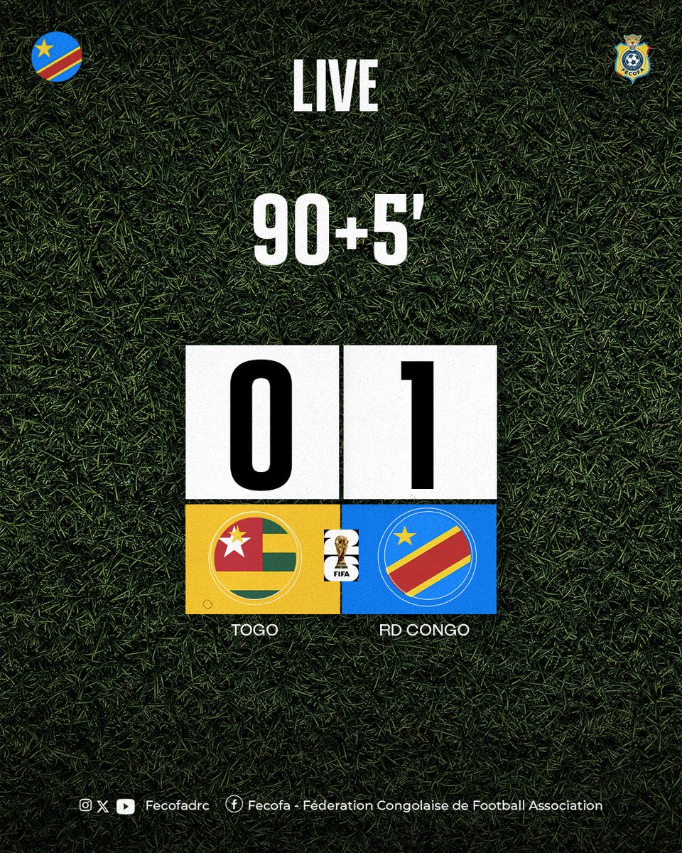 FecofaRdc's tweet photo. ⏱️ 90’+5 – Temps additionnel
👉 5 minutes supplémentaires accordées au Stade de Kégué.
Les Léopards doivent rester concentrés jusqu’au bout pour préserver leur avance 💪🐆
📊 Score : Togo 0–1 RD Congo
#TOGRDC #ÉlimCdM2026 #AllezLesLéopards https://t.co/MIonDeQAKN