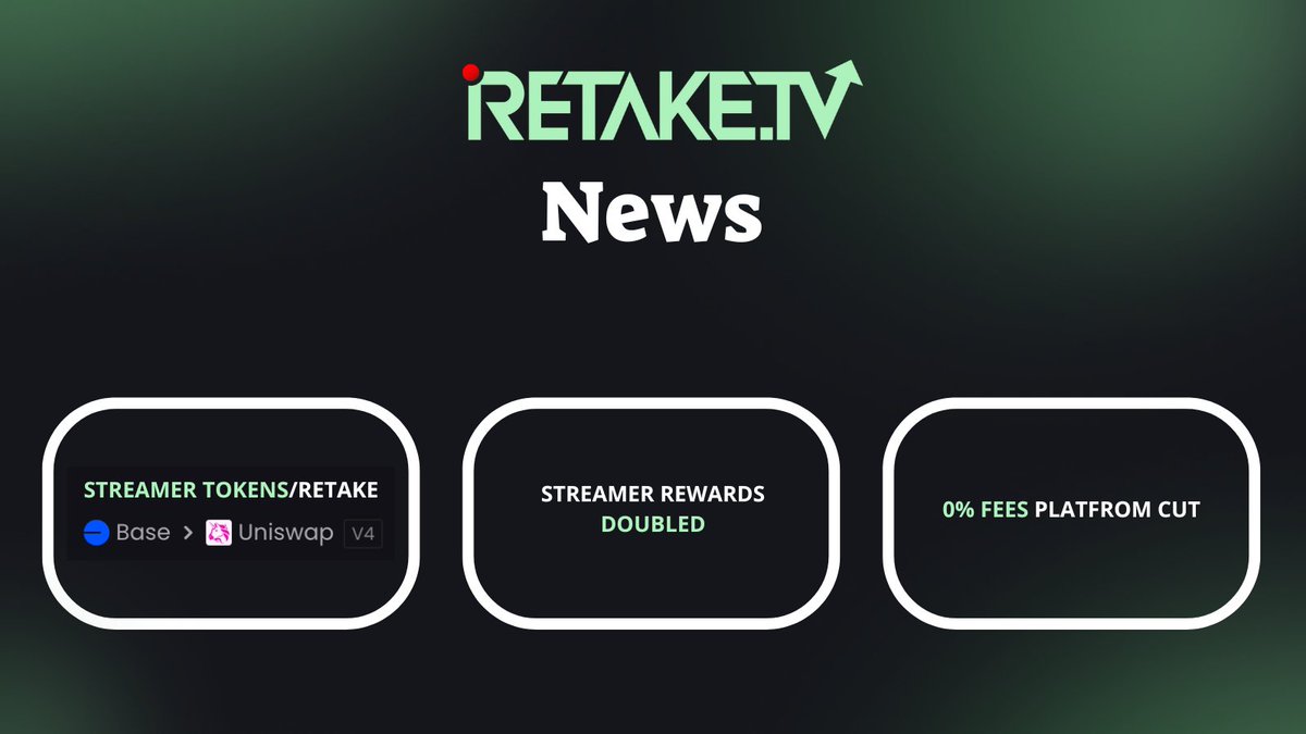 retakedottv's tweet image. ⚡ New streamer coins are now paired with $RETAKE
💰 Streamers are now earning 2x more in fees
🔒 0% fees platform cut. All Yours!