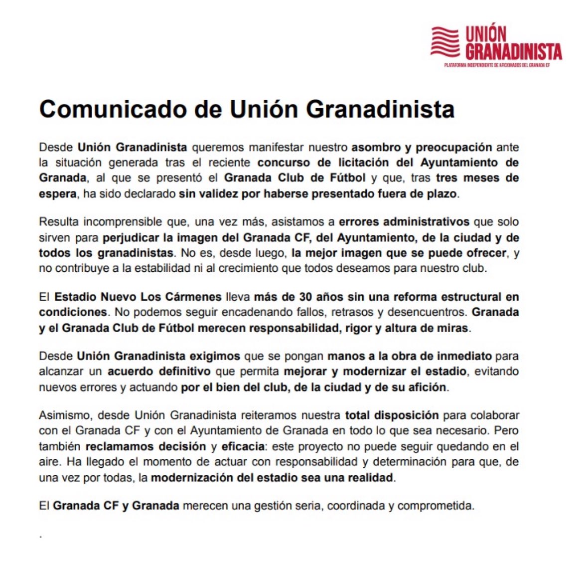 Comunicado de Unión Granadinista tras las últimas noticias sobre el concurso del Estadio Nuevo Los Cármenes.

#RespetoAlGranada