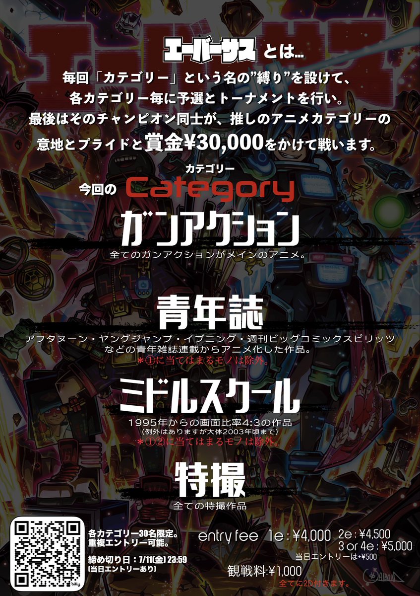 anison_avs's tweet image. ✅エントリー受付中

2025.12.14(日)
#エーバーサス TOKYO ep.7
Open12:00
観戦 ¥1,000(2D込)

Category
・ガンアクション
・青年誌
・ミドルスクール
・特撮

JUDGE
・MEDUSA
・Aokima
・点火

MC
・にく

VJ
・Lily

DJ
・HANAI
・おるま

⬇️エントリーフォーム⬇️
secure-cloud.jp/sf/sp/16599638…