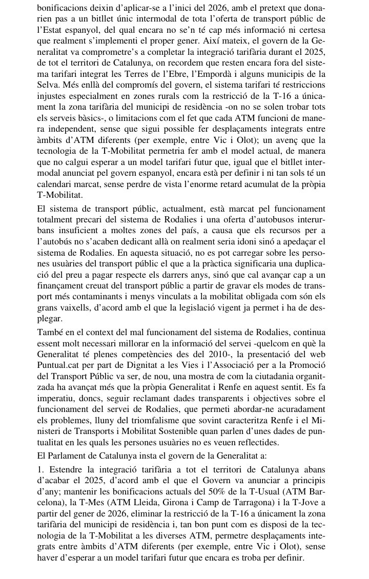 🎫 A proposta de la CUP al #DebatPolíticaGeneral, el Parlament aprova instar el Govern a:
-Mantenir les bonificacions a T-Usual/T-Mes i T-Jove.
-Completar la integració tarifària aquest any i permetre desplaçaments entre ATM diferents.
-Eliminar restricció de la T-16 a 1 zona.
