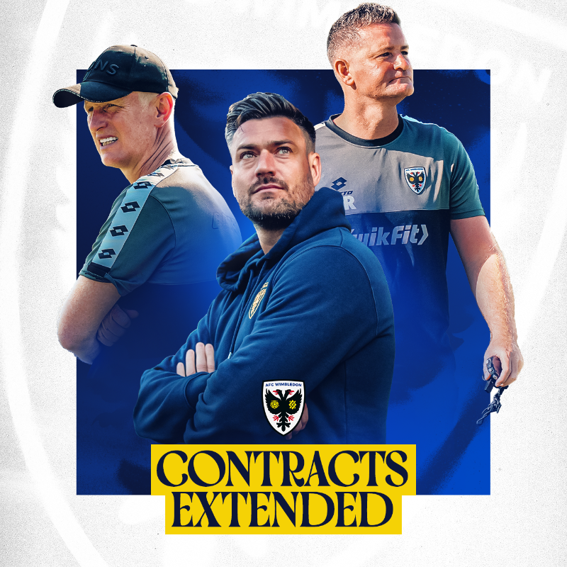 AFCWimbledon's tweet photo. AFC Wimbledon are delighted to announce that manager Johnnie Jackson, assistant manager Terry Skiverton and first-team coach Dave Reddington have all extended their contracts through until the end of the 2026/27 season ✍️

#AFCW 🟡🔵