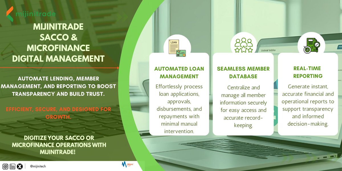mijinitech's tweet photo. Roll out the red carpet for MijiniTrade!
Digitize your SACCO or microfinance operations with MijiniTrade! Automate lending, member management, and reporting for transparency and growth. #MijiniTrade #Fintech https://t.co/80UnSJXJec