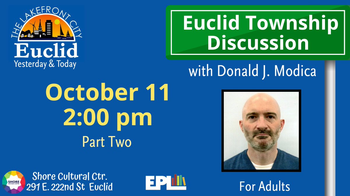 EuclidLibrary's tweet image. Join Euclid-born journalist and author Donald J. Modica on  October 11 at 2p at the Shore Cultural Centre to learn how #Euclid progressed from a forested township deeded to Moses Cleaveland&apos;s surveyors in 1796 to today&apos;s cities and neighborhoods.
#OurEuclid