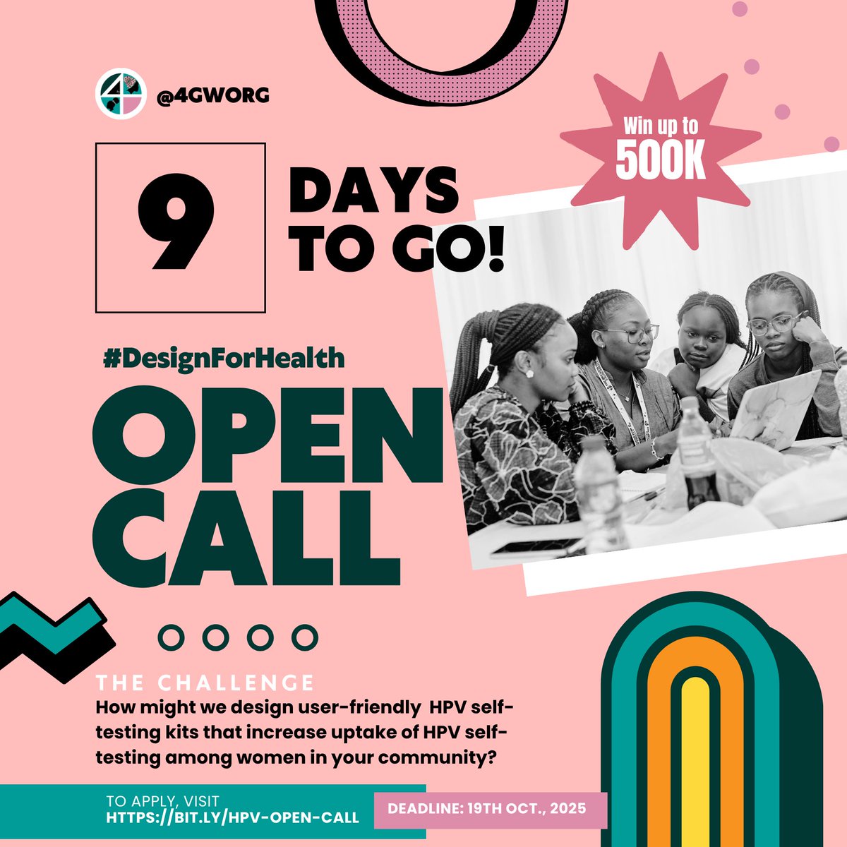 🚨 COUNTDOWN*🚨

Brainstorming with friends = priceless. 
Winning ₦500k in seed funding = even better! 💸 

Link👉 bit.ly/hpv-open-call

Let's make it happen! 💡 You've got 9 DAYS LEFT to submit your innovative idea 💡 

#cervicalcancer #hpv #Nigeria 
#NobelPeacePrize