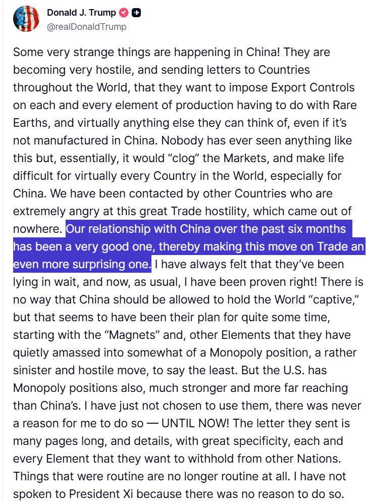 TheStalwart's tweet image. Trump says the US relationship with China has been very good, and that he&apos;s surprised that the country would impose tighter controls on rare earth exports.