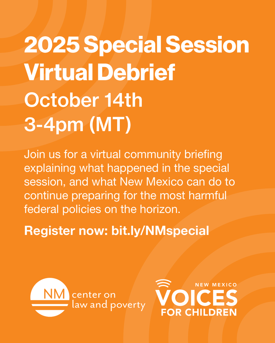 Join NM Voices and <a href="/NMPovertyLaw/">NM Center on Law & Poverty</a> next week for a virtual debrief on what passed during the 2025 special session, and what work remains to defend against the harmful federal policy cuts and changes on the horizon. Click here to register  ➡️ ow.ly/RHWf50X9quG #nmpol #nmleg
