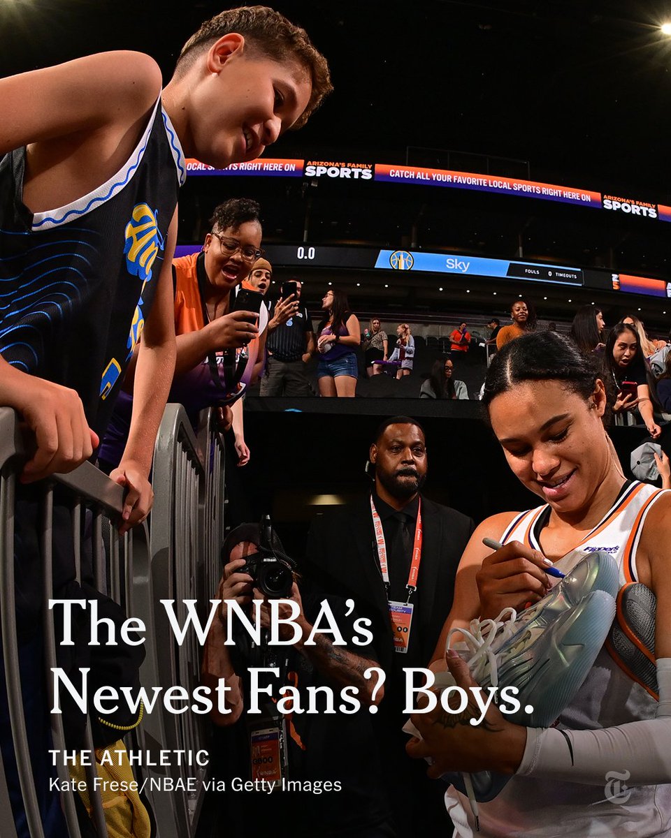 nytimes's tweet image. From @TheAthletic: Unlike previous generations of sports fans, young boys are growing up rooting for the NBA and WNBA. It’s no longer uncool for boys to cheer for female athletes. nyti.ms/43eW0C6