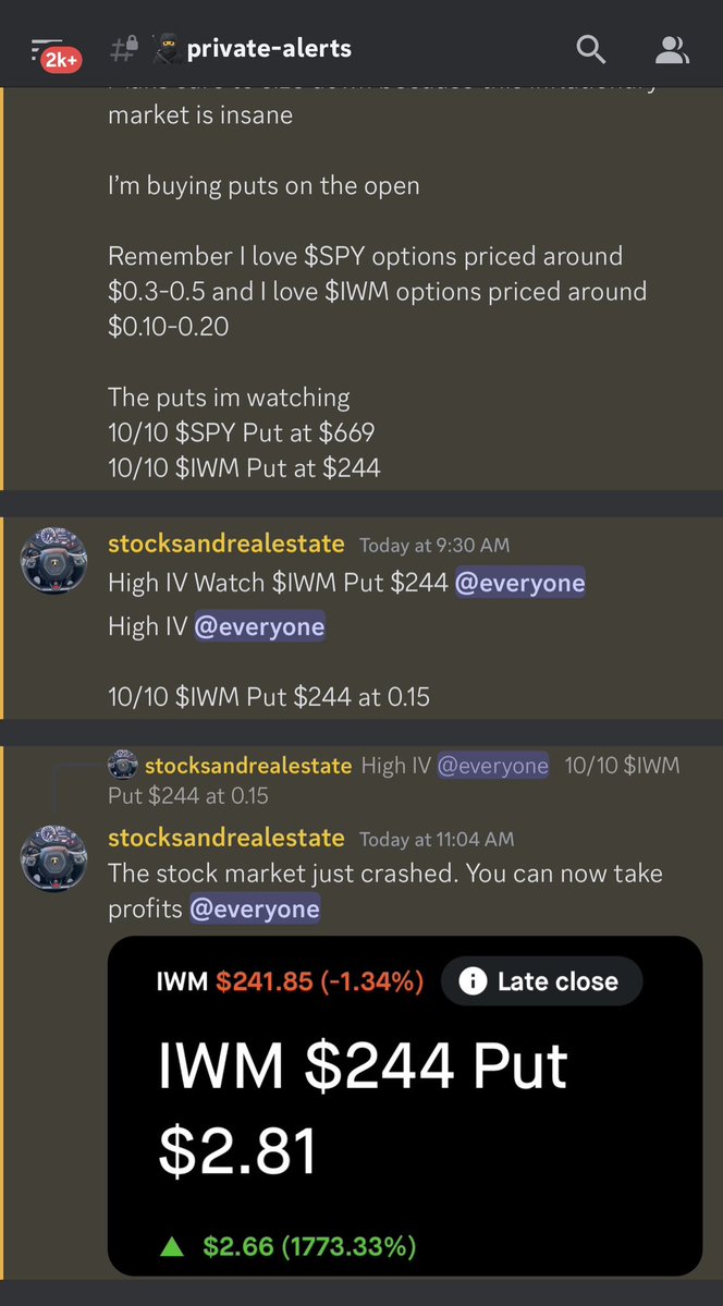 stocksandreales's tweet image. I CALLED THE CRASH AT 9:30AM
10/10 $SPY Put $670 0.31
10/10 $IWM Put $244 0.15