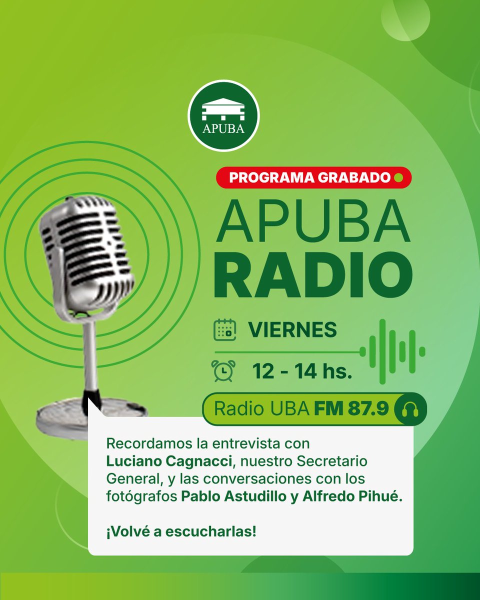Comienza APUBA RADIO, por <a href="/RadioUBA/">Radio UBA 87.9</a>, FM 87.9, #Nodocentes Conduce y produce <a href="/karibarrozo/">Kari Barrozo 🇦🇷 ⭐⭐⭐</a>, co conducen <a href="/CarestiaEsteban/">Esteban Carestia</a> y <a href="/f_estevezprensa/">Federico</a>, operación técnica Paulo Villalba y Nara Agüero, asistencia de producción Jero Carollo, redes <a href="/gerardodlopez/">Tachero Tuitero</a>, musicaliza <a href="/luchogual/">Lucho</a> #APUBA