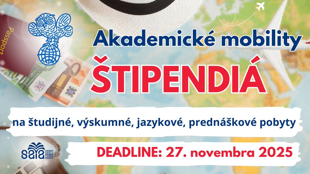 Chceš si odskočiť na pobyt alebo si zlepšiť jazyk v zahraničí? Program Akademické mobility ti otvára dvere do 20+ krajín a ponúka ŠTIPENDIÁ na:
- študijné pobyty a celé štúdium
- výskumné a prednáškové pobyty
- letné jazykové kurzy
Deadline: 27. 11. 2025 do 16.00h