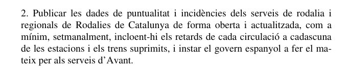⌚🚆 El Parlament aprova, a proposta de la CUP al #DebatPolíticaGeneral, que el Govern publiqui de forma oberta les dades de puntualitat, incidències i trens suprimits a <a href="/rodalies/">Rodalies Catalunya</a> i Avant, per cada estació, setmanalment.