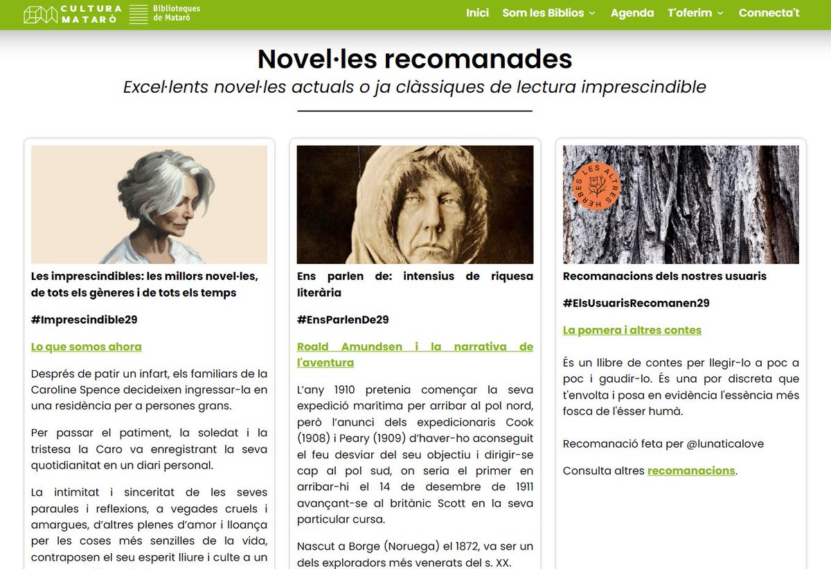 bibliosmataro's tweet image. ☝️Excel·lents novel·les actuals o ja clàssiques de lectura imprescindible, novetats, recomanacions... i molt més en el nostre apartat de la web de #bibliosmataró! 📷➡️acortar.link/io0gxX 
#prescripciólectora @CulturaMataro @BibliosMaresme  @bibliotequescat @bibliotequesXBM