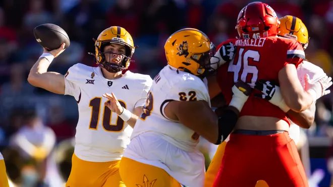 mzenitz's tweet photo. Arizona State star QB Sam Leavitt is expected to miss tomorrow’s game vs. Utah due to an injury, sources tell @ChrisKarpman and me for @CBSSports.

Jeff Sims is expected to start at QB for ASU, per sources. He’s made 26 career starts at a combination of Georgia Tech, Nebraska and ASU.