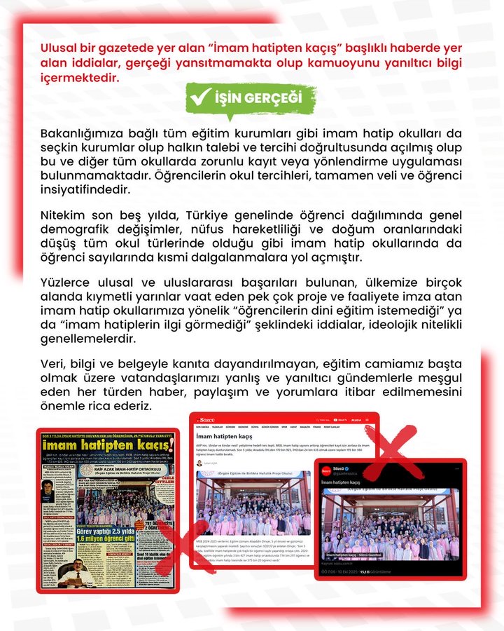 An infographic image with a red background featuring white text in Turkish explaining the debunking of claims from a newspaper article titled İmam Hatipten Kaçış, stating that allegations do not reflect reality and contain misleading information, including details on school dropout rates showing no significant difference between imam hatip schools and others, with reasons like economic and family issues listed, and icons of a checkmark for verified and an X for false next to newspaper clippings and images of people in educational settings.