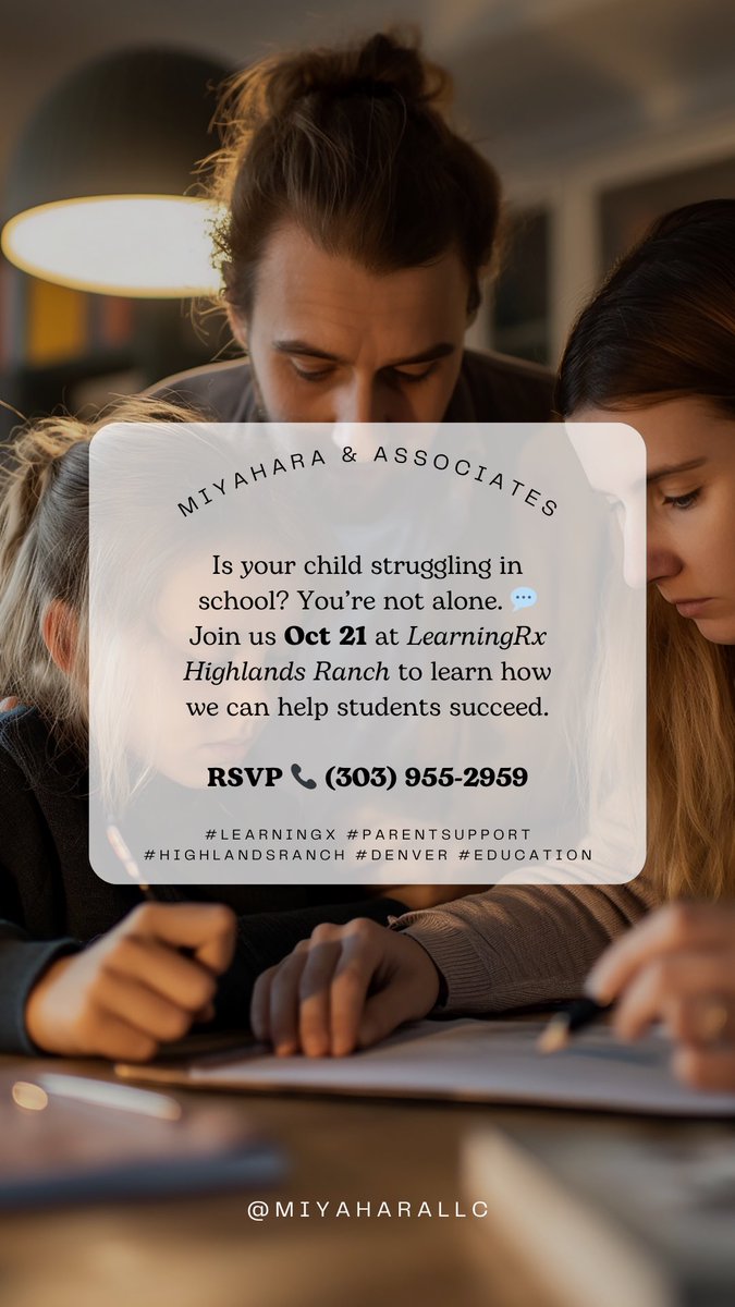 Miyaharallc's tweet image. “My child’s so smart, but school is just hard right now.”
If that sounds familiar—come join us Oct 21 @ LearningRx Highlands Ranch.

We’ll share how to turn learning frustration into confidence!💪

#LearningRx #HighlandsRanch #MiyaharaAndAssociates #support

RSVP: (303) 955-2959