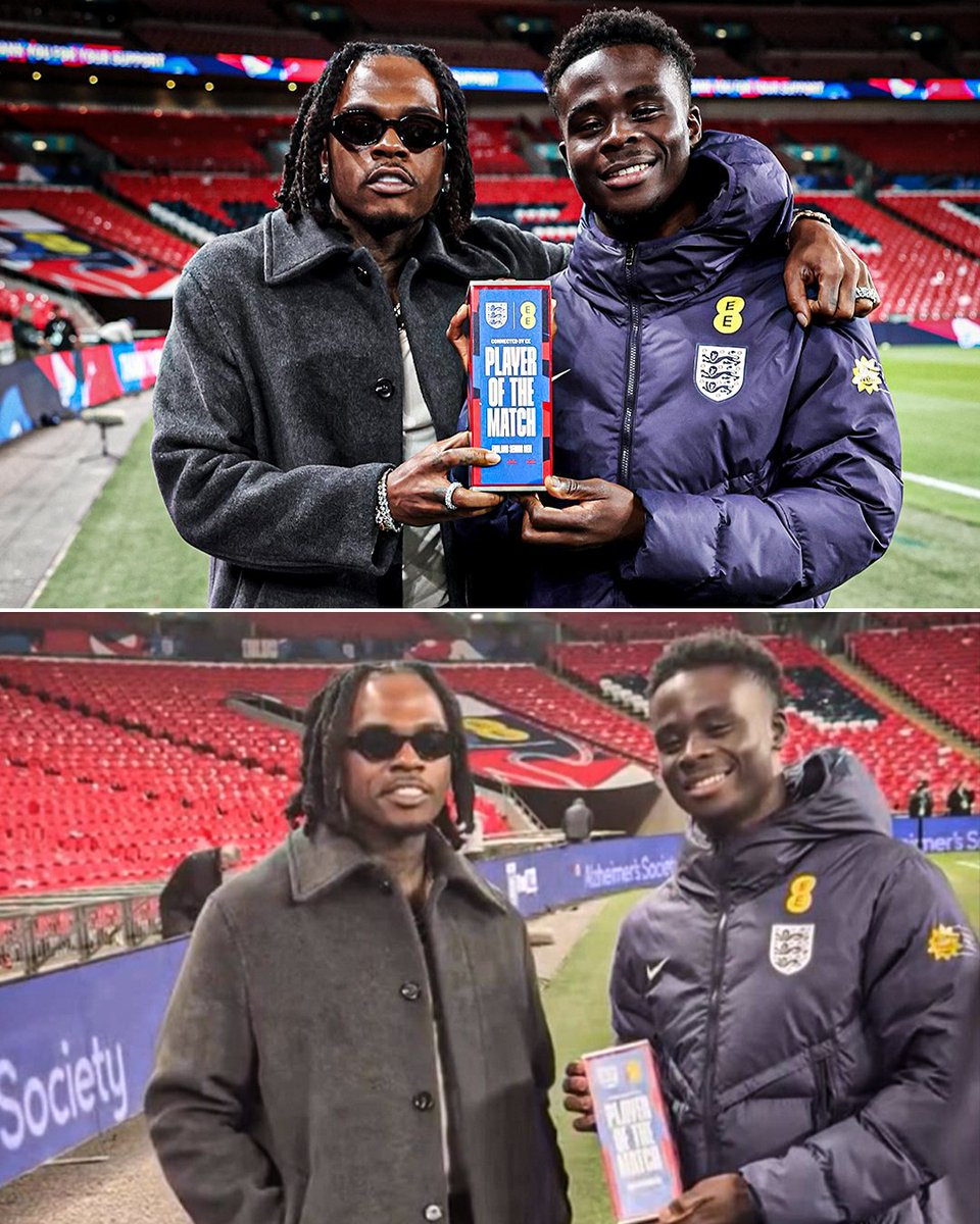 ESPNFC's tweet image. Bukayo Saka was surprised when music artist Gunna presented the Player of the Match trophy to him 🤩🏆