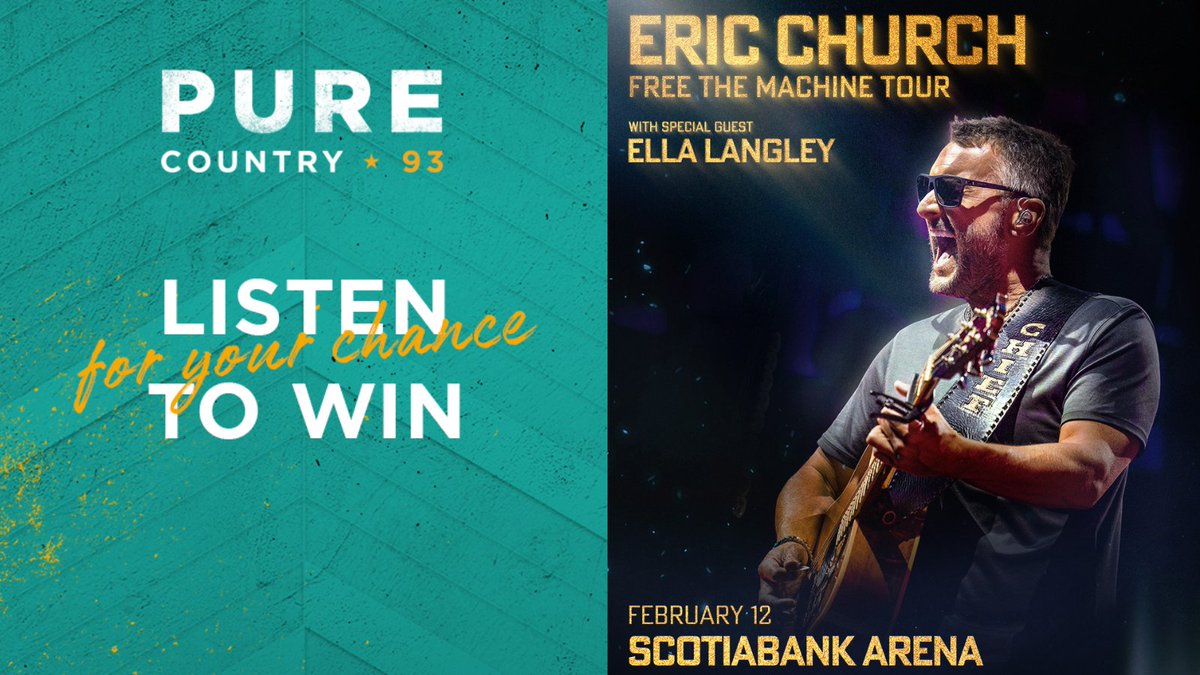 London's Pure Country 93 (@purecountry93) on Twitter photo The Chief is coming back to Canada! ๐๐จ๐ฆ
<a href="/ericchurch/">Eric Church</a> is bringing the Free The Machine Tour to <a href="/ScotiabankArena/">Scotiabank Arena</a> in Toronto on February 12 with <a href="/ellalangleymsic/">Ella Langley</a>! ๐ฅ๐ถ
Listen to Pure Mornings this week for your chance to score tickets! Details at purecountry93.ca! The Chief is coming back to Canada! ๐๐จ๐ฆ
<a href="/ericchurch/">Eric Church</a> is bringing the Free The Machine Tour to <a href="/ScotiabankArena/">Scotiabank Arena</a> in Toronto on February 12 with <a href="/ellalangleymsic/">Ella Langley</a>! ๐ฅ๐ถ
Listen to Pure Mornings this week for your chance to score tickets! Details at purecountry93.ca!
