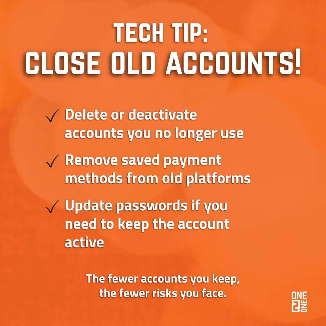 ONE2ONEInc's tweet image. 🧹 Friday Tech Tip: Close Old Accounts

Every unused account you leave open is a door hackers can try to enter.

For more cyber tips, join our newsletter here hubs.li/Q03MjtNQ0

#TechTipFriday #CyberSecurity #AccountSafety #MSP #DataProtection