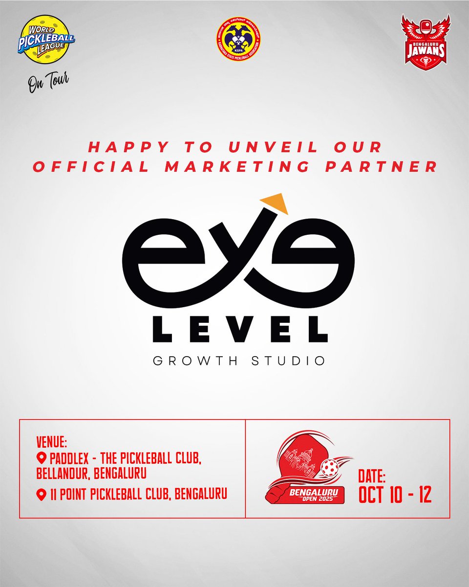Eye_Levelstudio's tweet image. We&apos;re beyond excited to be the Official Marketing Partner for Bengaluru Open 2025

#EyeLevel #MarketingPartner #Bengaluru Open2025 #WorldPickleball League #GrowthStudio #Bengaluru Jawans #PartnershipAnnouncement #OfficialPartner #BengaluruEvent #PickleballIndia