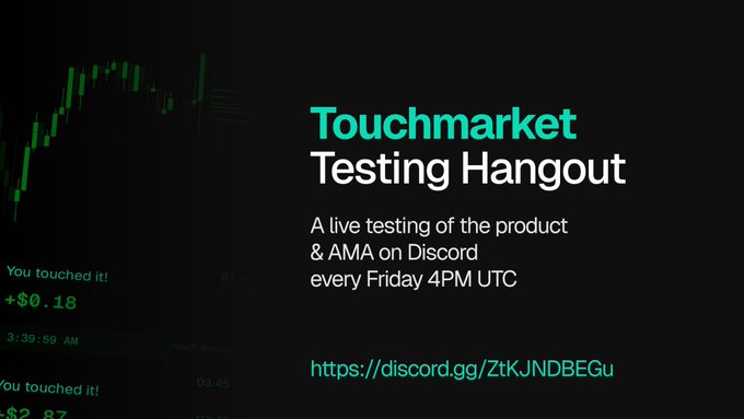 TOUCHMARKET IS TURNING TODAY’S TESTING HANGOUT INTO A MINI COMPETITION!
Duration: 45 minutes.
BE THE MOST HELPFUL, INSIGHTFUL, OR CHAOTIC TESTER!

BRING FEEDBACK. BRING ENERGY. 
THE HANGOUT STARTS SOON AT 18:00 CEST.

Best tester wins a new Discord Role, plus other roles are up