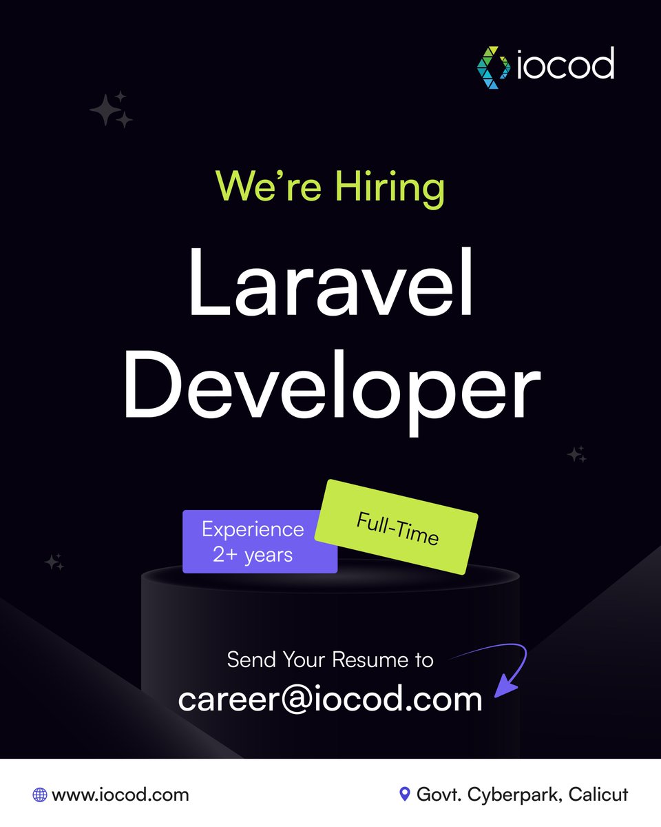 iocodinfotech's tweet image. We’re Hiring!
》Laravel Developer
》2+ Years Experience
》Full-Time (On-site)
We’re on the lookout for a passionate Laravel Developer to join our growing team at Govt. Cyberpark, Calicut. r from you!
📷 Apply now: career@iocod.com
#hiringnow #laraveldeveloper #webdeveloper #php