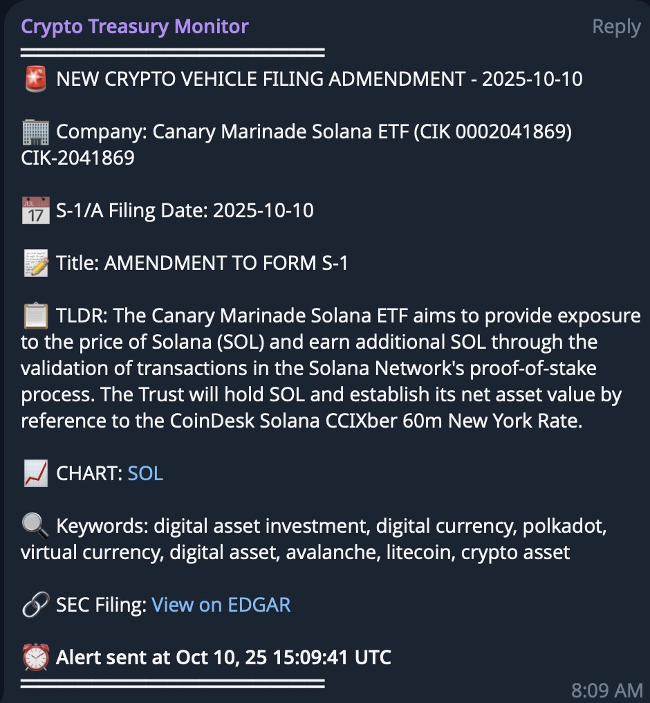 Canary Marinade Solana ETF 수정 제출에 대한 Crypto Treasury Monitor 알림
