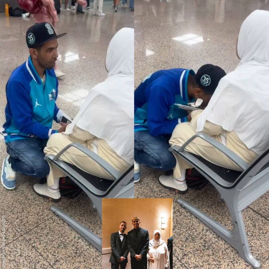 Le père de Lamine Yamal, a été vu dans une vidéo devenue virale, agenouillé à l'aéroport hier en train d'embrasser les pieds de sa mère 🤶 pour recevoir ses bénédictions avant son voyage au Maroc 🇲🇦✈️❤️😢👌