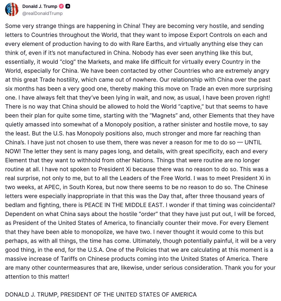 🇺🇸⚔️🇨🇳 ترامب يعلن أنه يدرس رفع الرسوم على المنتجات الصينية، ويؤكد أنه “لا سبب” للقاء الرئيس الصيني شي بعد الآن.

اتهم ترامب الصين بأنها أصبحت أكثر عدائية، قائلاً إنها ترسل رسائل إلى دول حول العالم تهدد فيها بفرض قيود على تصدير المعادن النادرة وغيرها من المواد الأساسية.

مباشرة