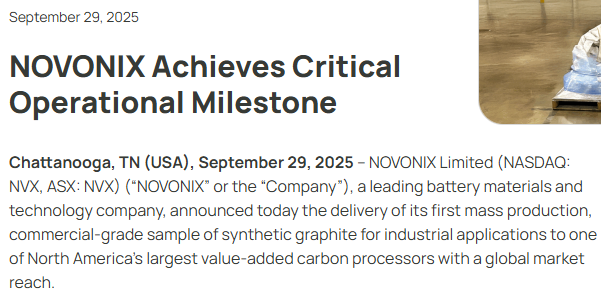 Reformed_Trader's tweet photo. $NVX In the last two week there have been 4 major developments:

1) on 9/29 NVX announced they delivered their first mass production of commercial-grade sample of synthetic graphite last week with production ramping in early 2026.

2) on 10/2 it was reported the US government "has offered to buy equity in Australian critical minerals companies as part of a funding package to expand its supply and cut its reliance on China."

3) on 10/9 China announced overnight that they are increasing export controls on synthetic graphite, which they control 90% of the global supply.

4) today 10/10 Trump threatens to retaliate with more tariffs

Novonix seems to be even more positioned to capitalize on the current landscape than just a month ago.

*NFA

Sources: https://t.co/9o2iOhkcyG

https://t.co/b5Qlm14WlQ

https://t.co/R2a7qmNpJv