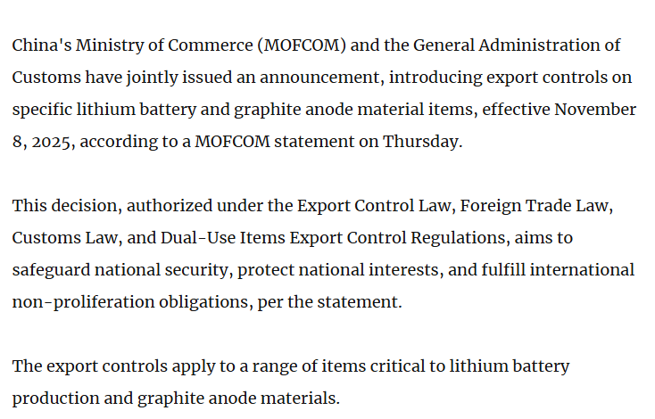 Reformed_Trader's tweet photo. $NVX In the last two week there have been 4 major developments:

1) on 9/29 NVX announced they delivered their first mass production of commercial-grade sample of synthetic graphite last week with production ramping in early 2026.

2) on 10/2 it was reported the US government "has offered to buy equity in Australian critical minerals companies as part of a funding package to expand its supply and cut its reliance on China."

3) on 10/9 China announced overnight that they are increasing export controls on synthetic graphite, which they control 90% of the global supply.

4) today 10/10 Trump threatens to retaliate with more tariffs

Novonix seems to be even more positioned to capitalize on the current landscape than just a month ago.

*NFA

Sources: https://t.co/9o2iOhkcyG

https://t.co/b5Qlm14WlQ

https://t.co/R2a7qmNpJv