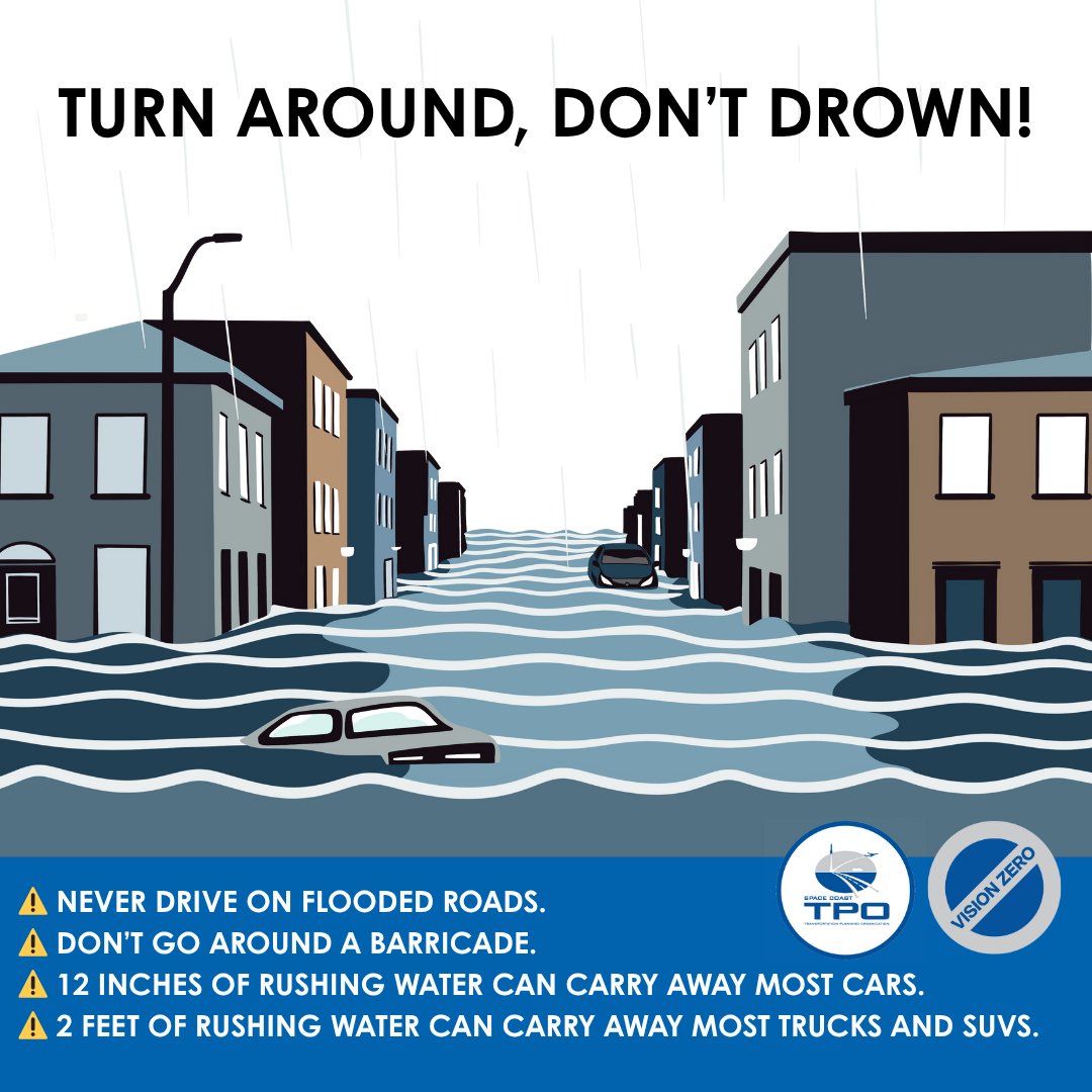 Space Coast TPO (@spacecoasttpo) on Twitter photo Storms could impact parts of the Space Coast through the weekend. โ๏ธ If you must be on the road, remember to:
โ ๏ธ Slow down, and stay alert.
โ ๏ธ Never drive on flooded roads.
โ ๏ธ Donโt go around a barricade.
โ ๏ธ Turn around, don't drown!
#VisionZero #DriverSafety <a href="/MyFDOT_CFL/">FDOT District 5</a> Storms could impact parts of the Space Coast through the weekend. โ๏ธ If you must be on the road, remember to:
โ ๏ธ Slow down, and stay alert.
โ ๏ธ Never drive on flooded roads.
โ ๏ธ Donโt go around a barricade.
โ ๏ธ Turn around, don't drown!
#VisionZero #DriverSafety <a href="/MyFDOT_CFL/">FDOT District 5</a>