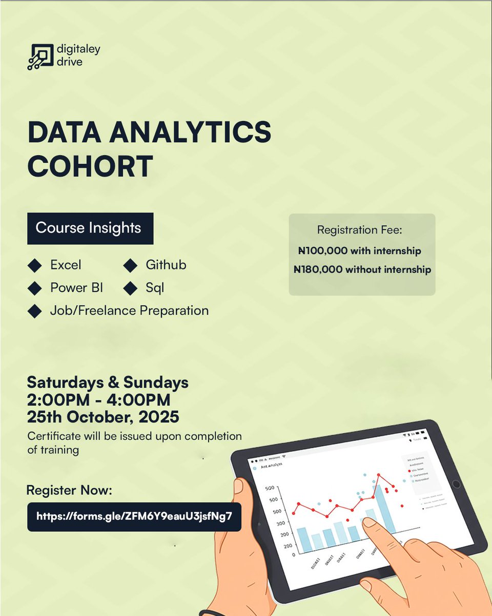 Digitaleydrive's tweet image. 🚀 Level up your tech career with our upcoming classes!

Learn Data Science (Oct 18), Data Analytics (Oct 25) &amp;amp; Python (Oct 25)  hands on, affordable &amp;amp; industry ready.

Don’t miss out, register now to upskill! 💻
#TechTraining #DataScience #Python #DataAnalytics #Upskill
